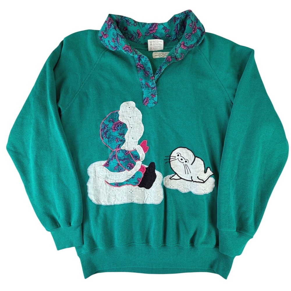 Vintage 90's Hanes Viv's Alaskan Sweatshirts Teal Applique Eskimo Seal Pullover